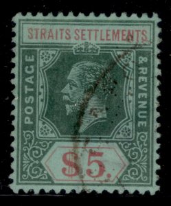 MALAYSIA - Straits GV SG212a, $5 green & red/green, FINE USED. Cat £80 WMK CROWN