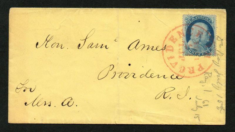 US Scott #24 Providence RI Red CDS July 15, 1861 Cover Addr to Future Union Gen