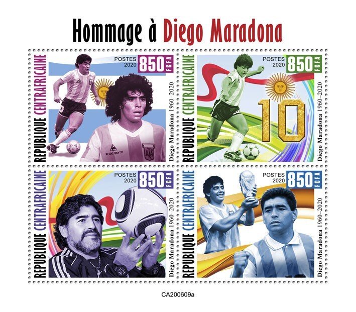 C A R - 2020 - Tribute to Diego Maradona - Perf 4v Sheet #1 - Mint Never Hinged
