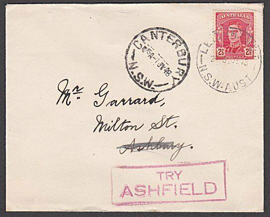 AUSTRALIA 1948 cover to Ashbury - boxed TRY / ASHFIELD.....................55122