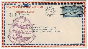 1935 Honolulu, Hawaii cancel on clipper first flight cover, with enclosure