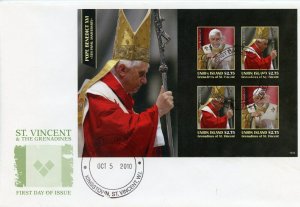 UNION ISLAND  2010 POPE BENEDICT XVI  5th PAPAL ANNIVERSARY  IMPERF SHEET II FDC