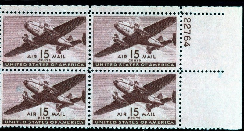 US  C28 Twin Motor Transport 15c - Plate Block of 4 - HINGED -  22764  UR