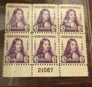 724  William Penn.  3c Plate Block of 6.  MNH.   Issued in 1932.