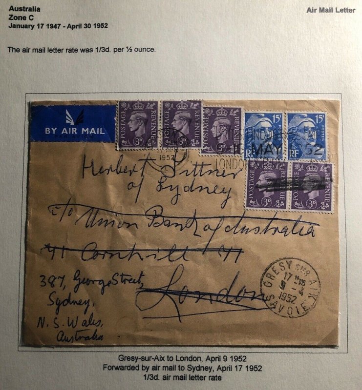 1952 Savoie France Airmail Cover To London England Forwarded To Australia