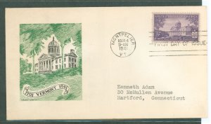 US 903 1941 3c 150th Anniversary Of Vermont Statehood (single) on an addressed, typed FDC with a Cachet Craft Cachet