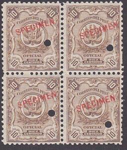 PERU 1909 OFFICIAL 10c optd SPECIMEN in red + security punch hole blk 4.....7907