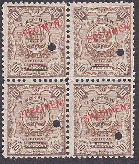 PERU 1909 OFFICIAL 10c optd SPECIMEN in red + security punch hole blk 4.....7907