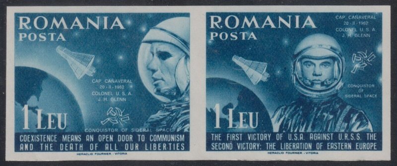 6. ROMANIA EXILE SPACE 1962 GLENN USA imperforated pair