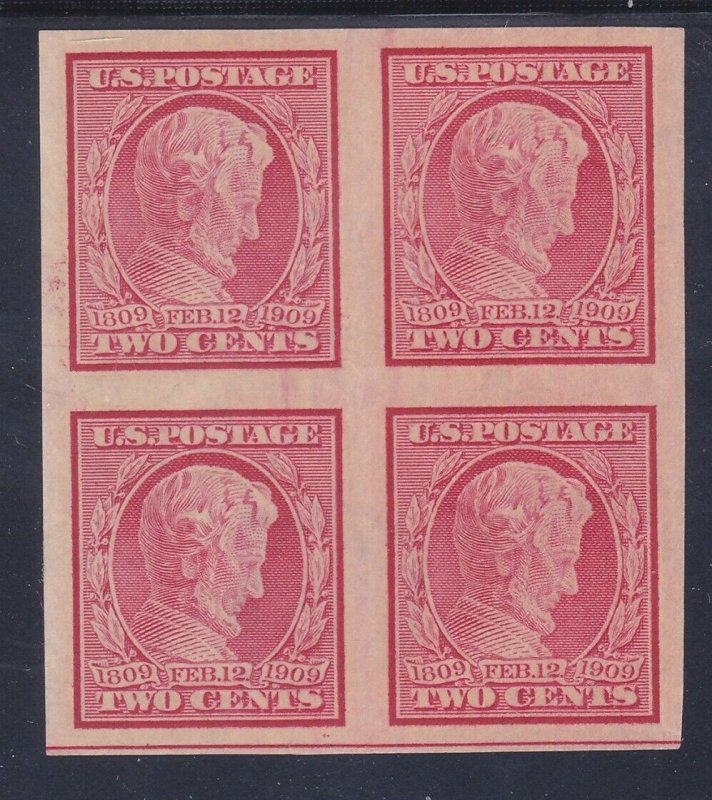 US 368 Mint OG 1909 2¢ Lincoln IMPERF Block of 4 w/3mm Spacing VF-XF