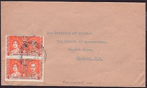 MALAYA ST.SETTLEMENTS 1937 Coronation 4c pair on cover to UK...............34670