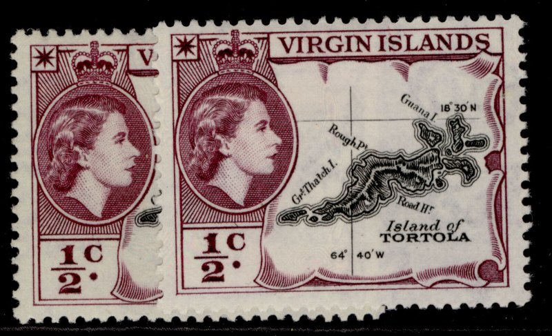 BRITISH VIRGIN ISLANDS QEII SG149 + 149a, ½c SHADE VARIETIES, LH MINT.