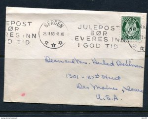 Norway 1953 Cover Bergen to USA  20 ore 14421