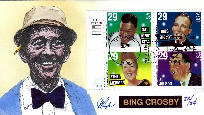 Pugh Designed/Painted Bing Crosby Plate Block FDC...22 of ONLY 24 created!