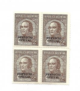 ARGENTINA 1938 REGULAR STAMPS OVERPRINTED OFFICIAL SERVICE SC O38 MI D32 BLOCK