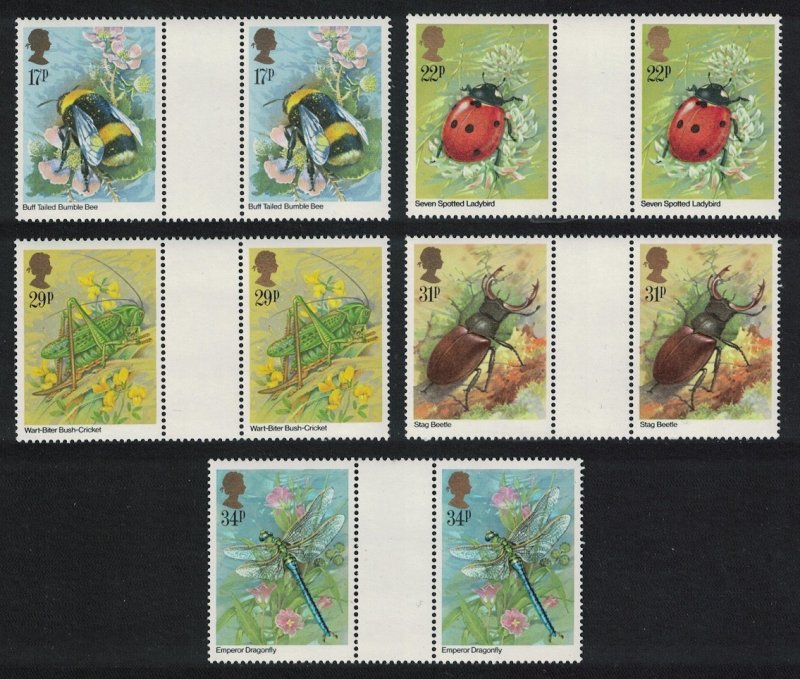Great Britain Beetles Bees Ladybird Grasshopper Insects 5v Gutter Pairs 1985