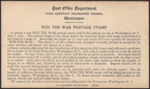 3c Win the War POST OFFICE ANNOUNCEMENT CARD: #905; mailed 1942 forwarded VF PO