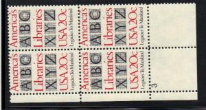 #2015 MNH pb/4 20c Libraries of America 1982 Issue