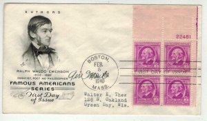 1940 FAMOUS AMERICANS PLATE # BLOCK Artcraft 861 POET RALPH WALDO EMERSON #22481