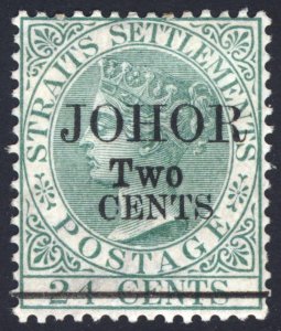 Malaya Johore 1891 2c on 24c Green SG 20 Scott 17 type d MLH Cat £120($157)