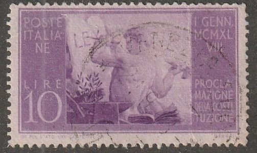 Italy, stamp, scott#493,  used, hinged,  10,  lire,  violet