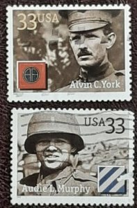 US Scott # 3395-3396; two used 33c Distinguished soldiers, 2000;VF; off paper