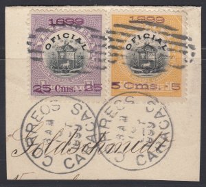 Venezuela 1899. Used on piece. Scott O6 and 9, SG O187B and O190A