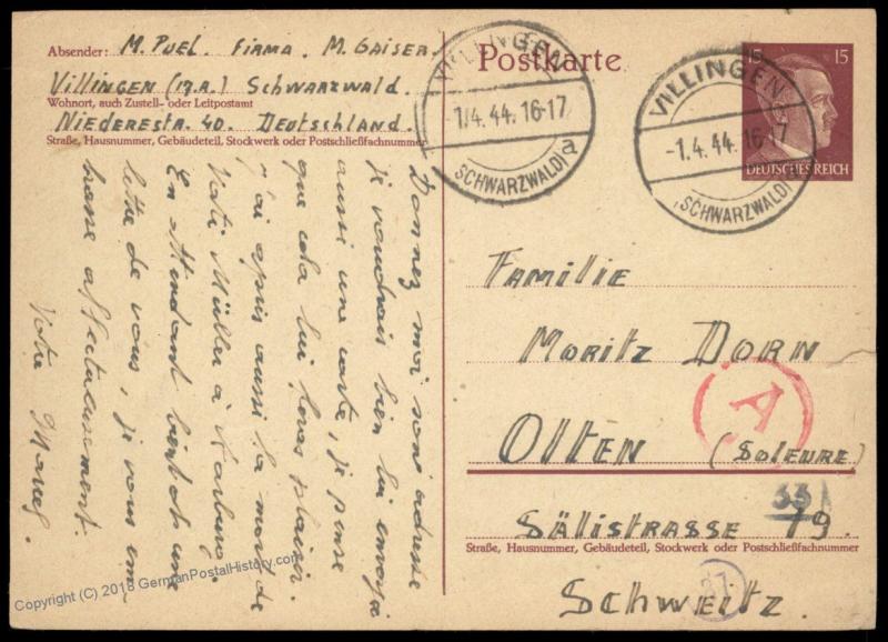 Germany 1944 French Swiss Forced Labor M Gaiser Villingen Camp Cover 89459