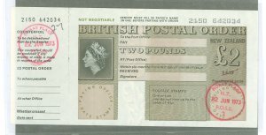 Great Britain  1973 f2 Postal order with New Zealand overprint, clean with stub.