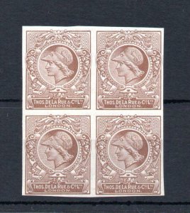 DE LA RUE MINERVA HEAD ESSAY IMPERFORATE UNMOUNTED MINT BLOCK OF 4 IN BROWN