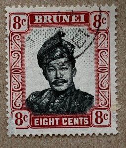 Brunei 1956 8c Sultan crimson lake shade. Scuffed. SG 105a. Scott 88 variety