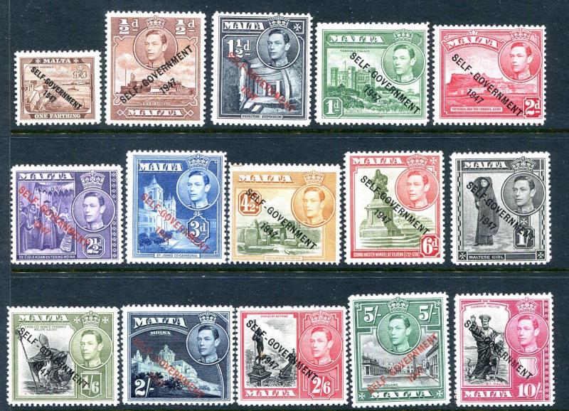 Malta Self Government Overprint Set 1947  Sc  208 - 222 Set VF- MNH  CV $ 92.00