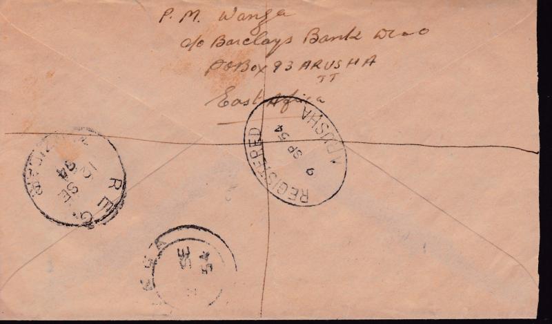 K.U.T. 1954 Registered Cover Arusha, Tanganyika to Zanzibar. Airmail VF