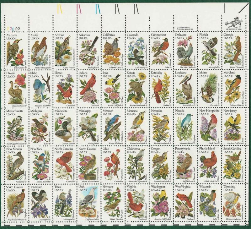 Scott 1953 - 2002  STATE BIRDS and FLOWERS 1982 Sheet Of 50 20¢ Stamps  MNH USA