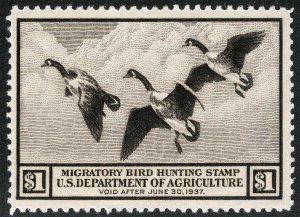 US Sc RW3 Brn Black $1.00 1936 Hunting Permit Duck Barely Hinged Original Gum