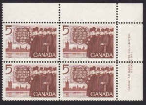 HISTORY = LONDON CONFERENCE = Canada 1966 #448 MNH UR BLOCK of 4 PLATE 1 