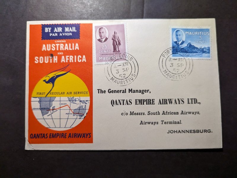 1952 Mauritius Airmail First Flight Cover FFC Port Louis to Johannesburg Africa