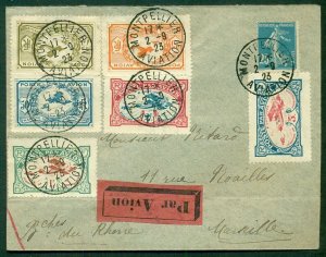 FRANCE, 1923 Montpellier Aviation Meet, Complete set of 6 stamps + 25c on cover