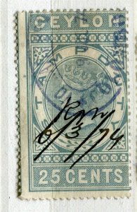 CEYLON; 1870s early classic QV Reveue issue fine used 25c. value