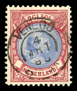Netherlands #53a Cat$130, 1893 2g50c lilac ros and ultramarine, used
