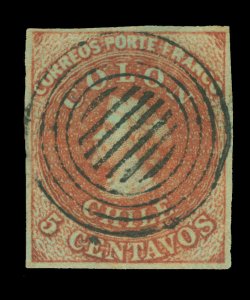 CHILE 1855 COLUMBUS 2d London(Perkins Bacon)5c brn Sc# 8c used XF  w/ 7 bar cxl