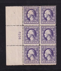 1918 Washington 3c Sc 530 MNH with original gum, Type IV, plate block of 6 (EE