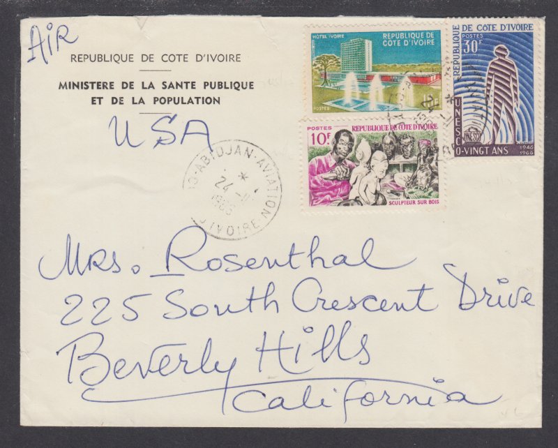 Ivory Coast Sc 234,245,249 on 1966 Air Mail cover, ABIDJAN HEIGHTS to US, F-VF