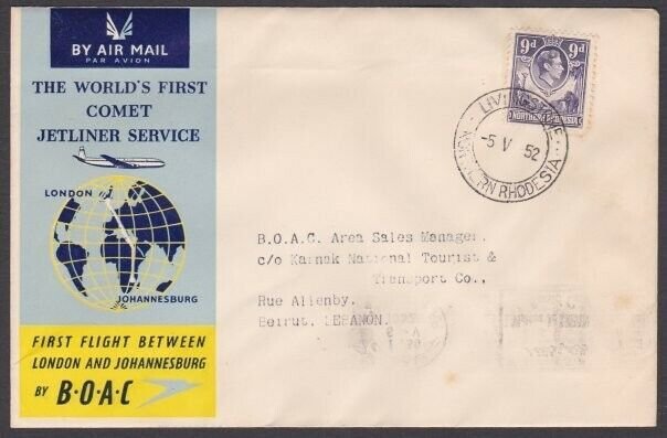 NORTHERN RHODESIA 1952 BOAC first flight Livingstone to Lebanon.............W442