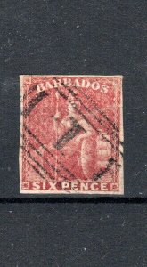Barbados 1858 6d Deep Pink Red Britannia Sg 11a Fu-