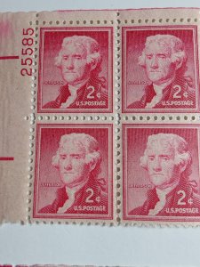 SCOTT #1033 JEFFERSON TWO CENT PLATE BLOCK MINT S# 25585 UL NEVER HINGED