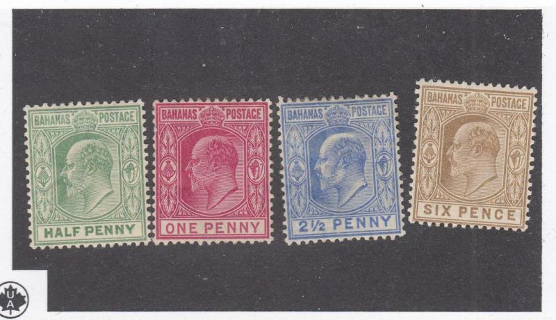 BAHAMAS # 44-47 VF-MH KING EDWARD VII GRN /CAR ROSE/ULTRA/BISTER BROWN  CAT $101