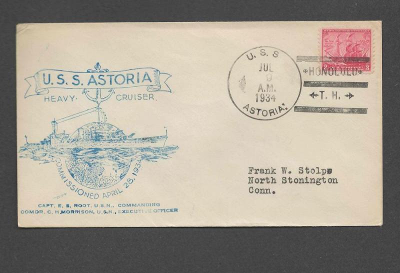 1934 U.S.S. Astoria Shake Down Cruise Cover: HONOLULU Cancel