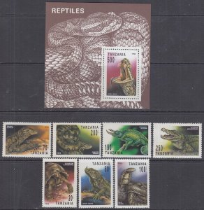 TANZANIA Sc # 1128-35 CPL MNH SET of 7 + S/S - VARIOUS REPTILES