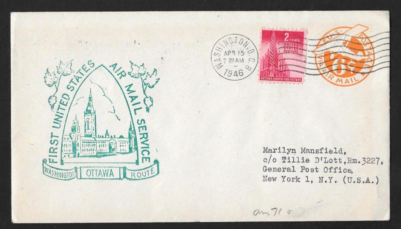 UNITED STATES First Flight Cover 1946 Washington DC to Ottawa Canada